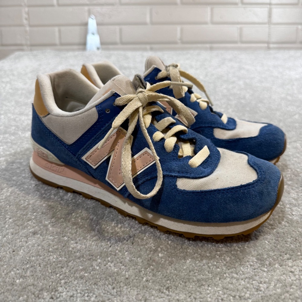 New Balance 574 Atlantic Blue Suede Sneakers Womens 8.5 Retro Gum Sole Comfort